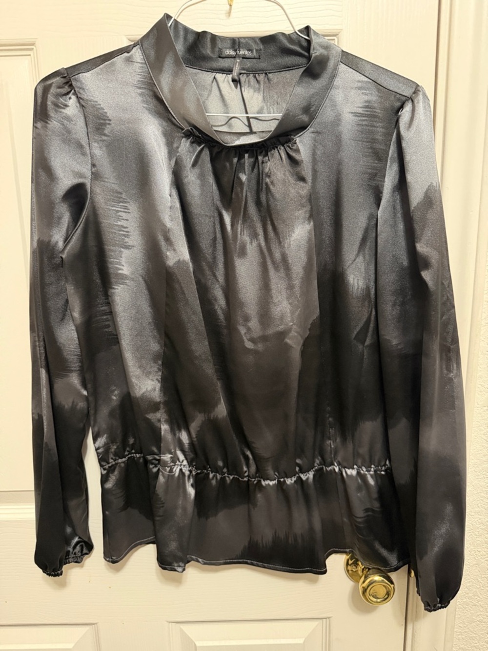 Daisy Fuentes Black Satin Gathered-Neck Blouse